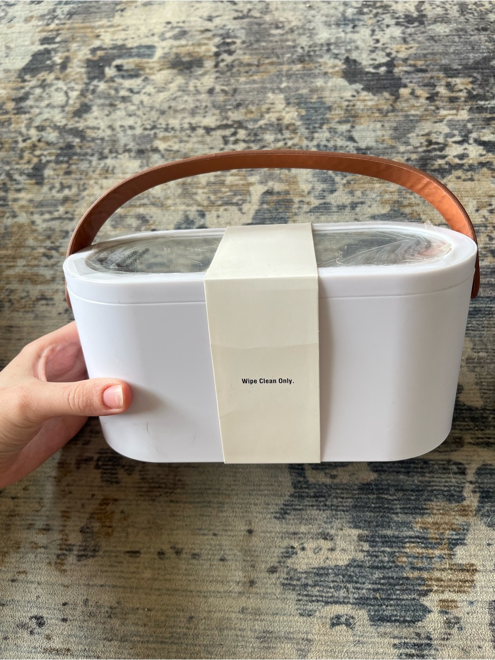 White Portable Storage Box with Brown Leather Handle